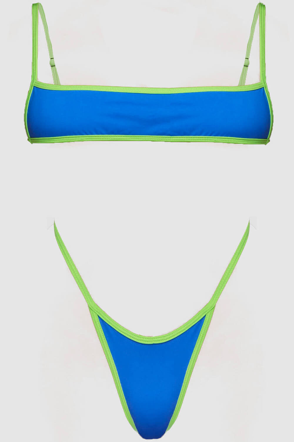 Contrast Trim Cami High-Leg Brazilian Bikini Set - Blue & Neon Green