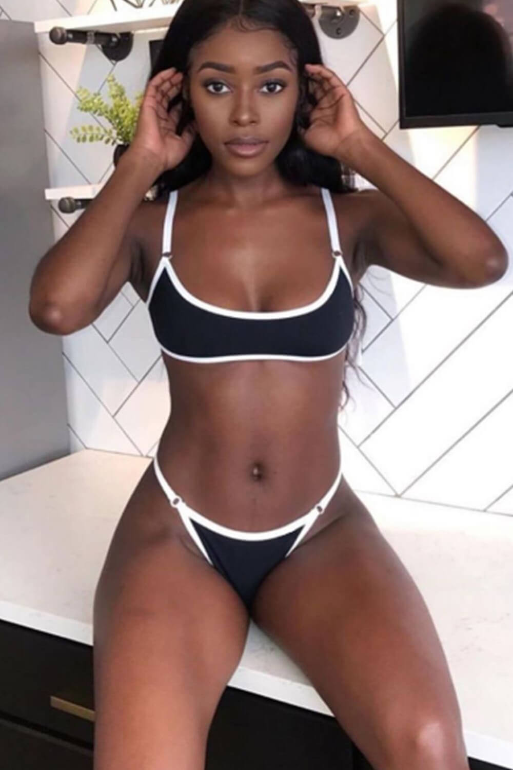 Contrast Trim Cami High-Leg Brazilian Bikini Set - Black
