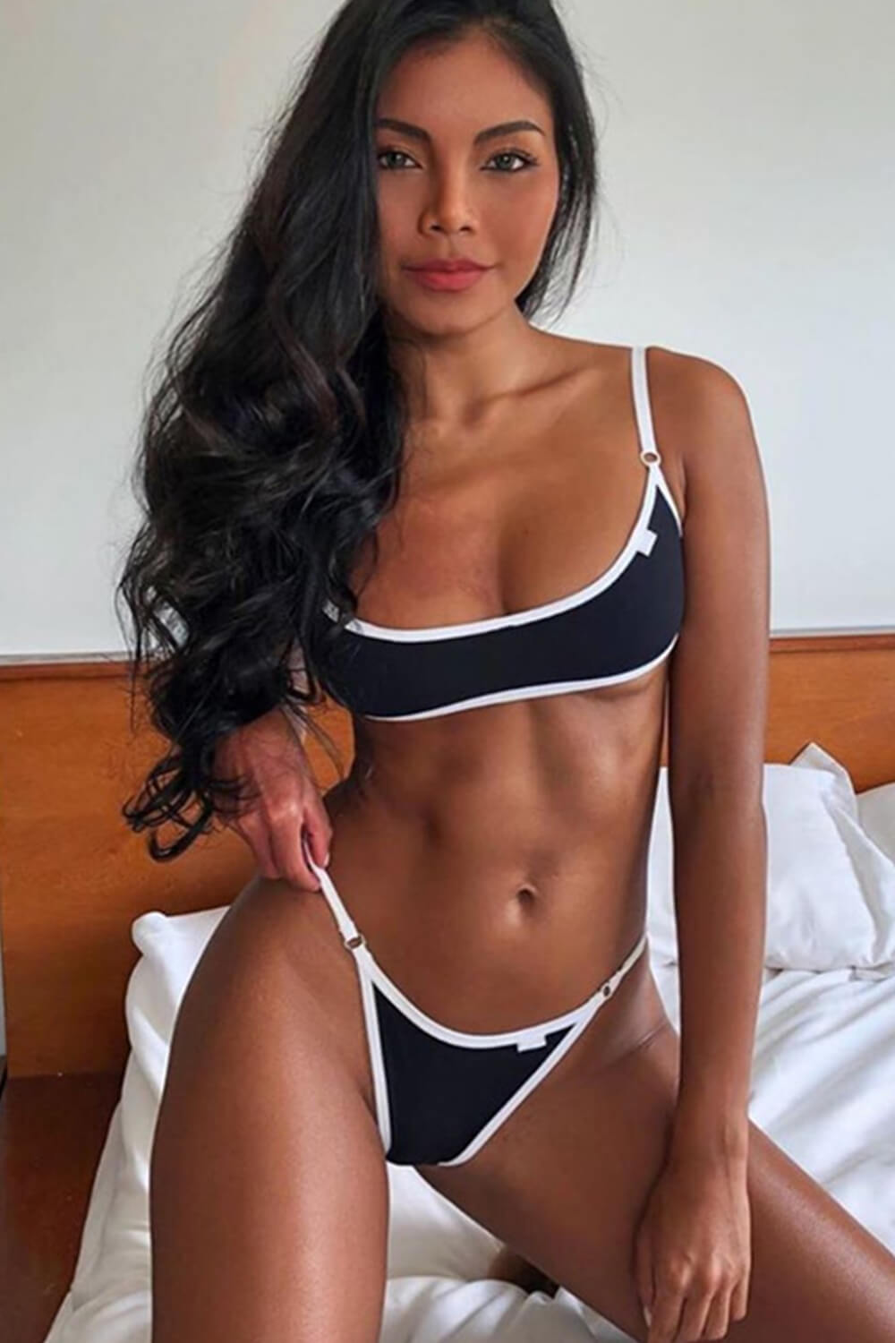 Contrast Trim Cami High-Leg Brazilian Bikini Set - Black