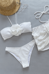 Crocheted Knit Bandeau Halter Bikini Set With Ruched Floral Mini Skirt - White