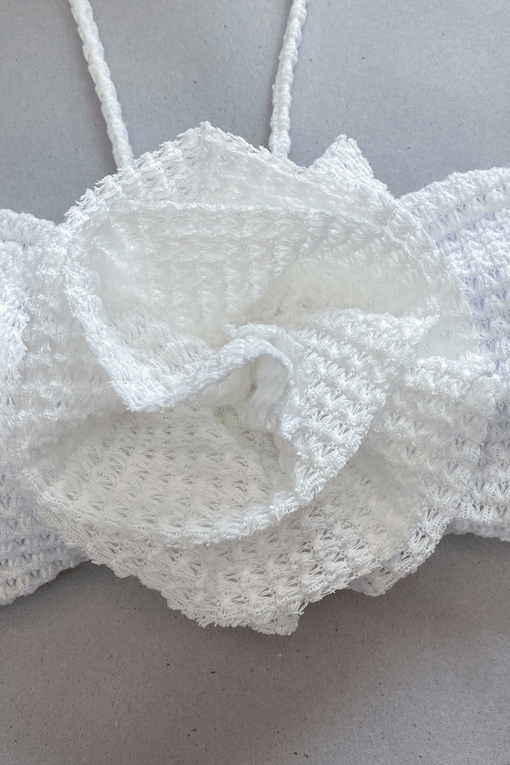 Crocheted Knit Bandeau Halter Bikini Set With Ruched Floral Mini Skirt - White