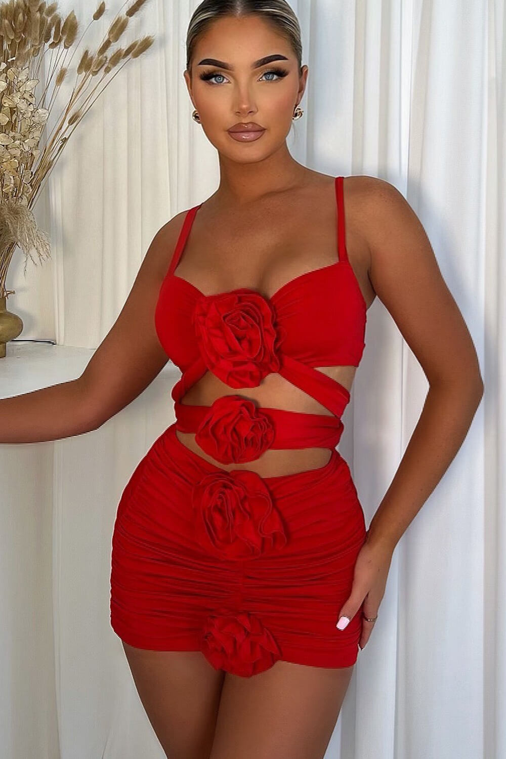 Rosette Cut Out Underwire Wrap Tie High Rise Bikini Set With Ruched Floral Mini Skirt - Red