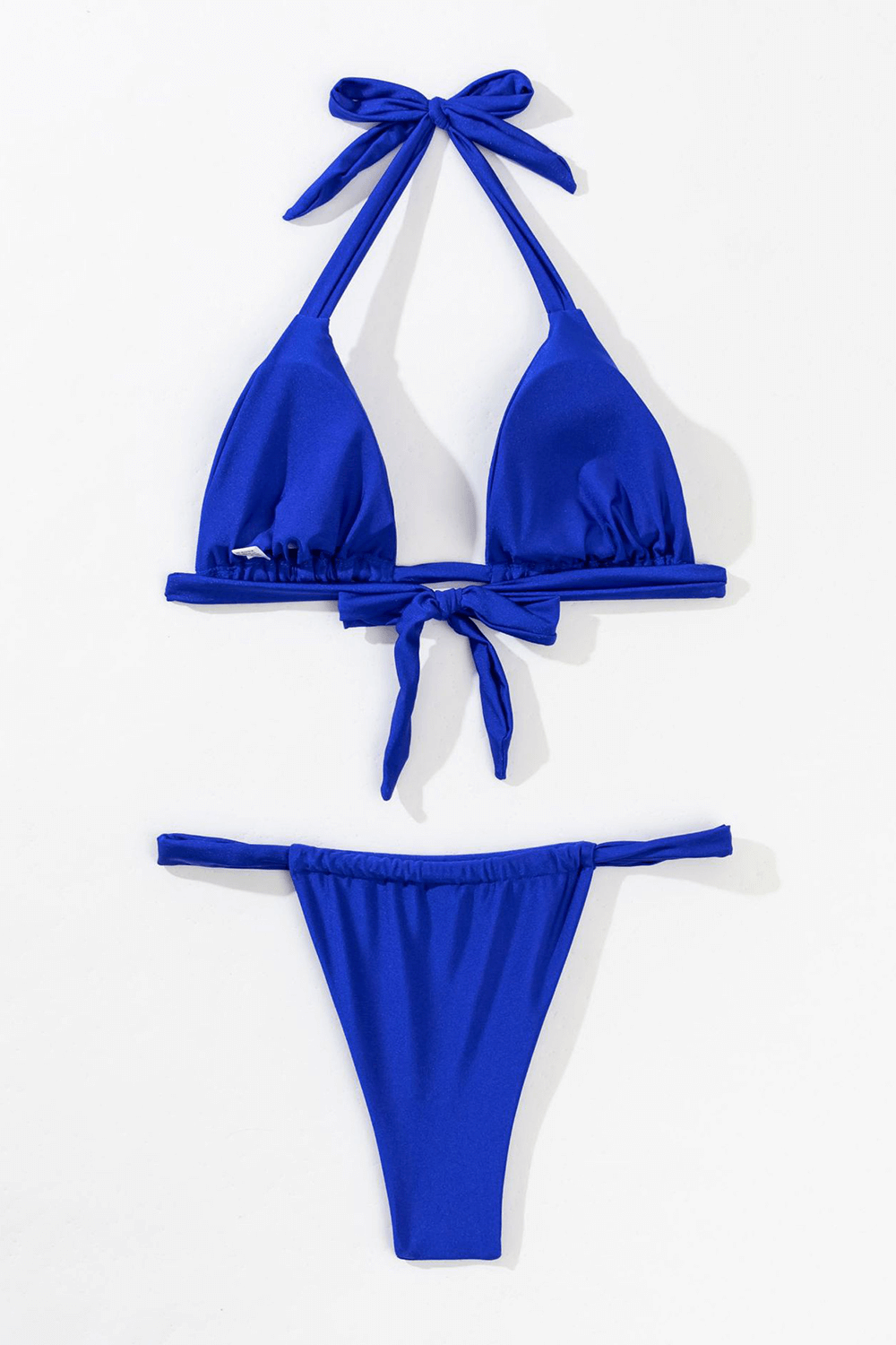 Triangle Ruched Halterneck Tie Side Bikini Set - Blue