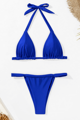 Triangle Ruched Halterneck Tie Side Bikini Set - Blue